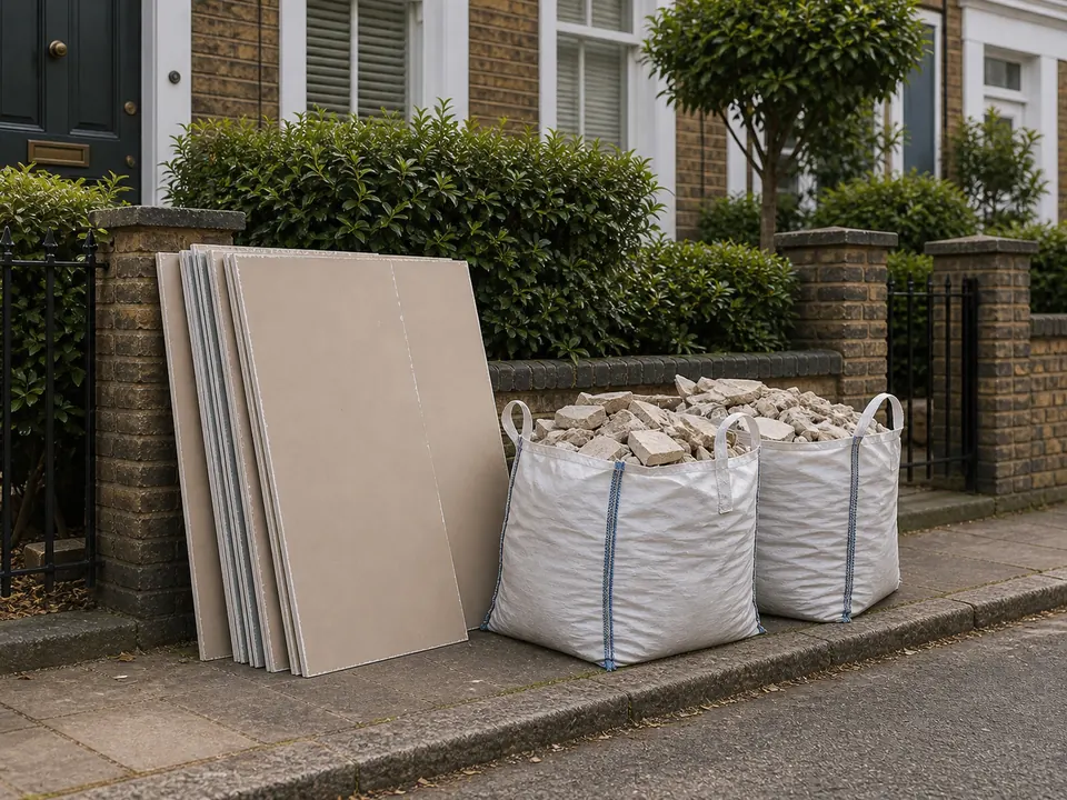 Rubble bags and plasterboard ready for separate disposal