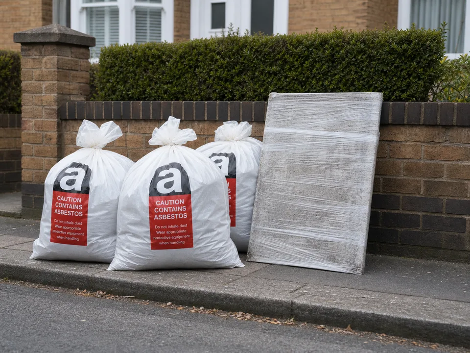 Sealed asbestos warning bags and wrapped board ready for specialist handling