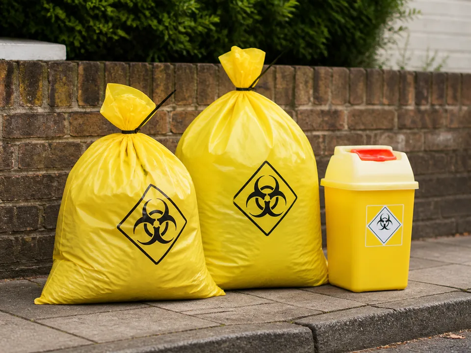 Sealed clinical waste sacks and sharps container ready for specialist collection