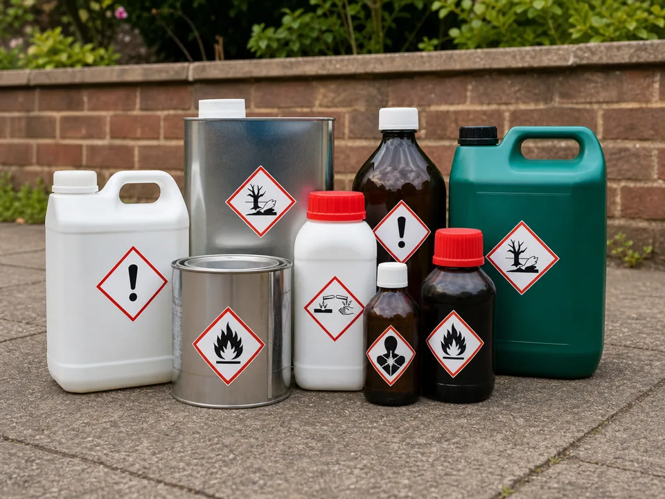 Closed chemical containers grouped for specialist waste identification