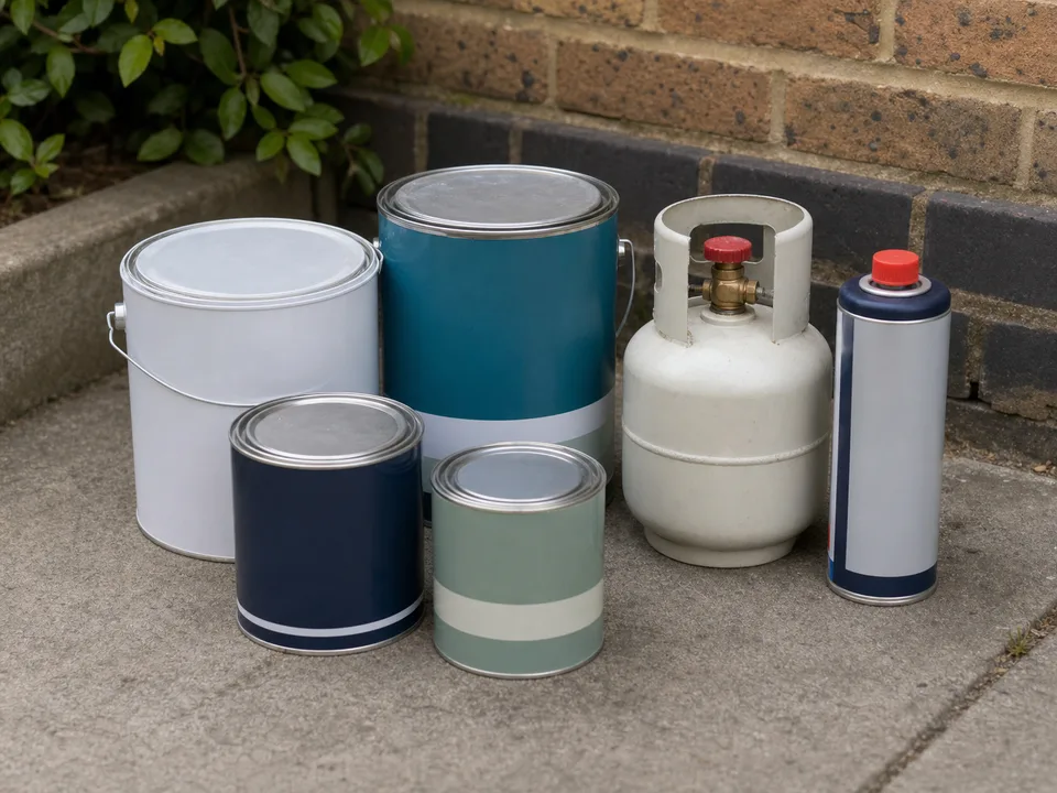Closed paint tins and pressurised containers ready for separate disposal