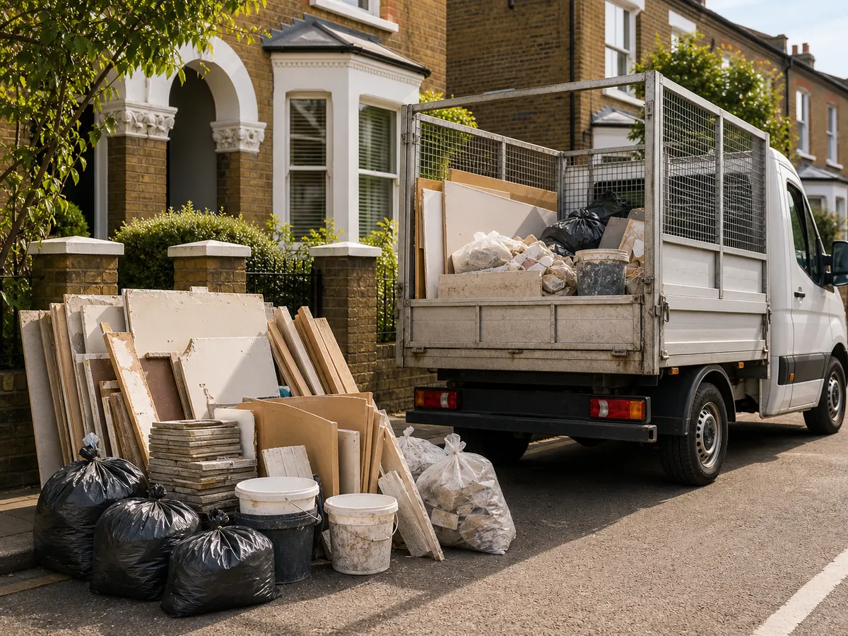 Caged waste removal van with rubble bags, plasterboard, timber offcuts and renovation waste outside a London home