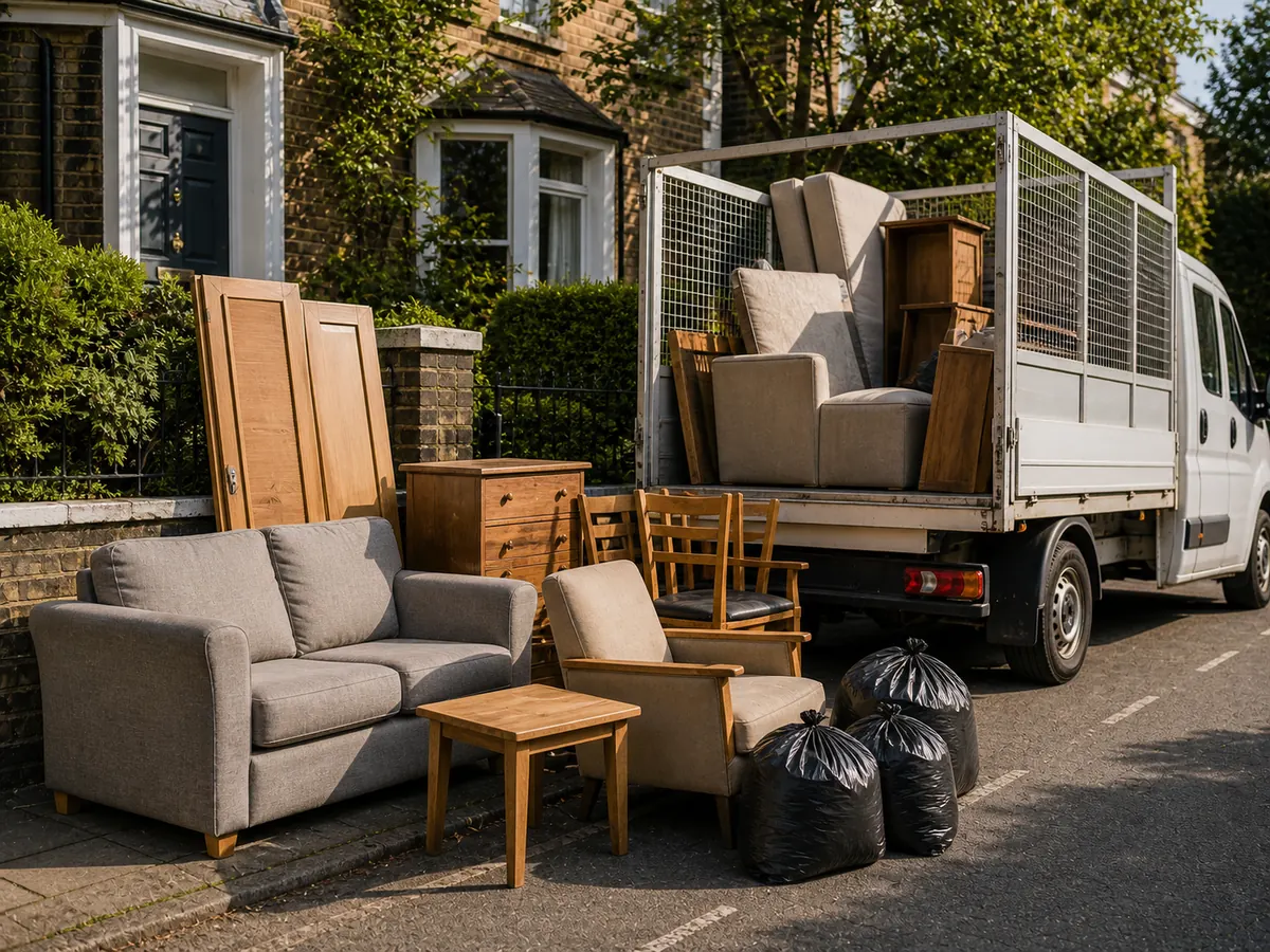 Caged waste removal van loaded with sofas, wardrobes, chairs and bulky furniture on a London street