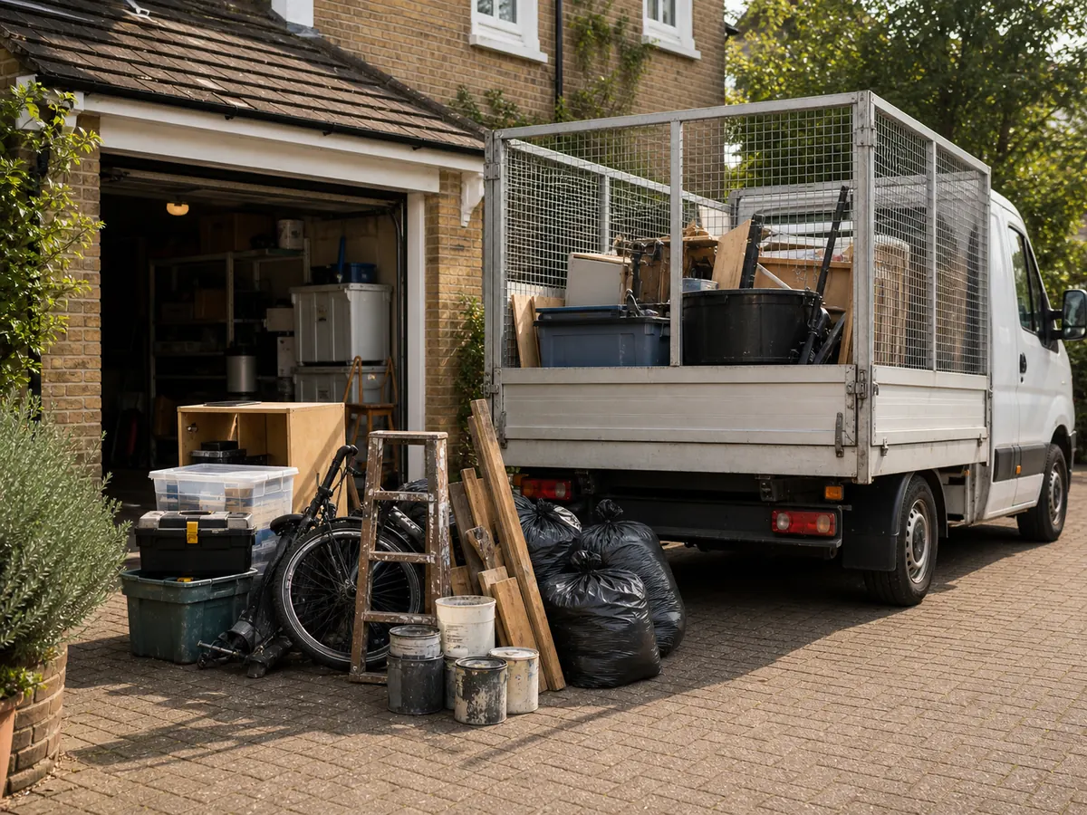 Caged waste removal van loaded with garage clutter, shelving, storage boxes and tools on a driveway