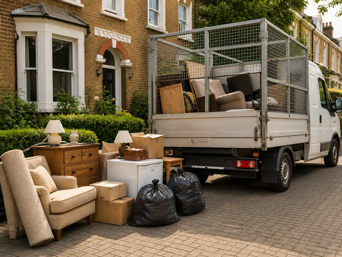 Half-full waste removal van with house clearance furniture, boxes and bags on a driveway