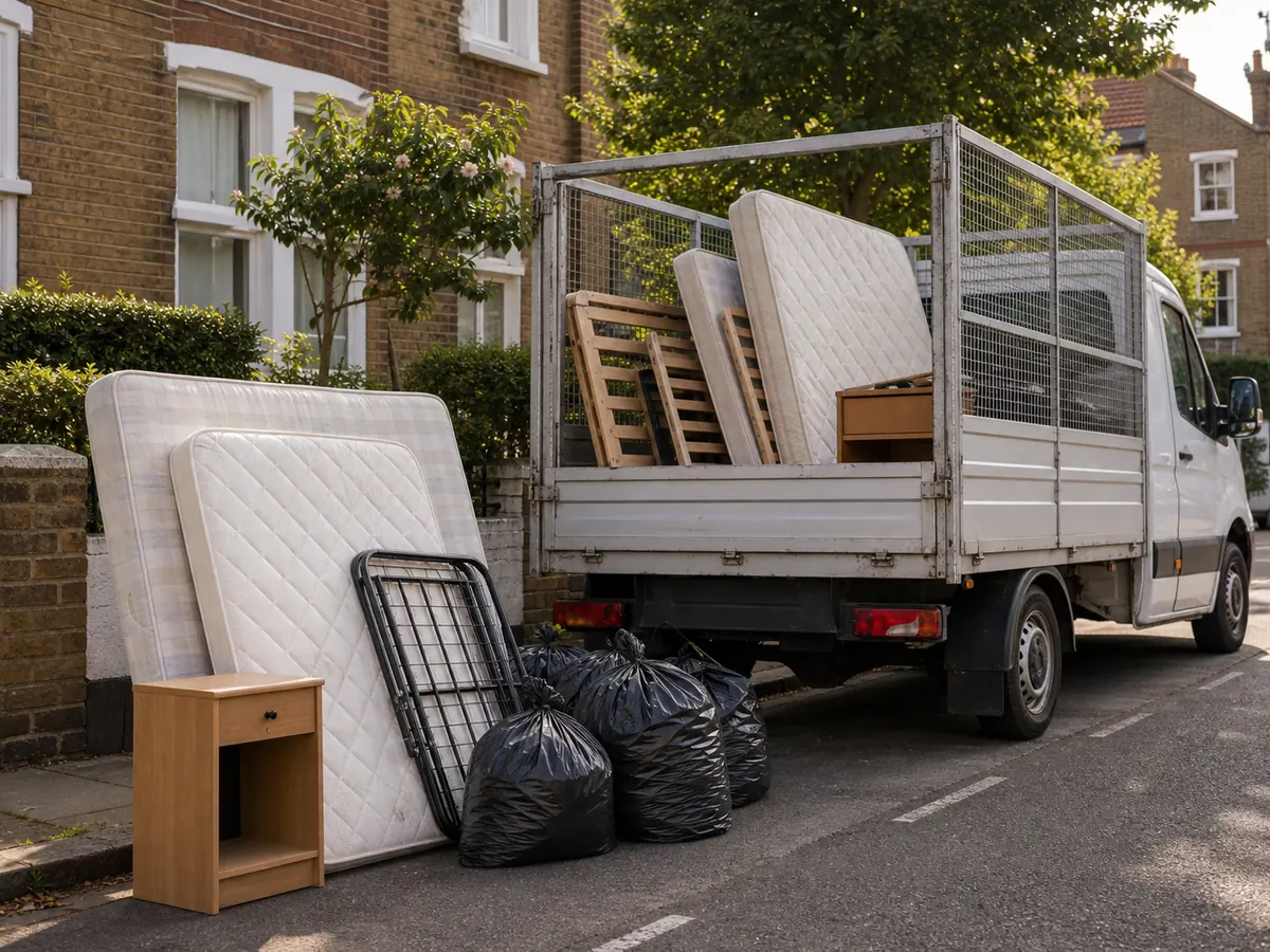 Caged waste removal van loaded with mattresses, bed frames and bedroom furniture outside a London home