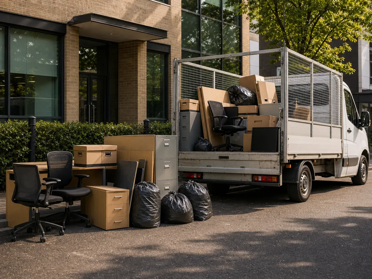 Caged waste removal van loaded with office chairs, filing cabinets and archive boxes outside a London office